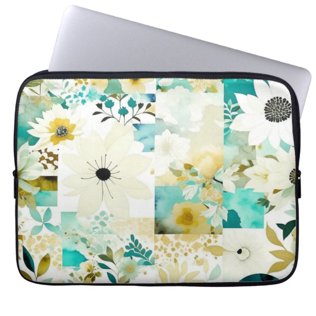 Pretty Folk Art White and Turquoise Flowers   Laptop Sleeve (Front)