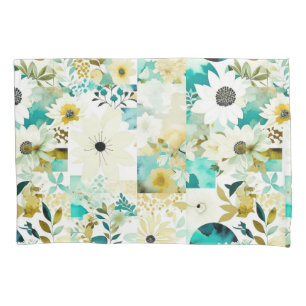 Pretty Folk Art White and Turquoise Flowers   Pillowcase