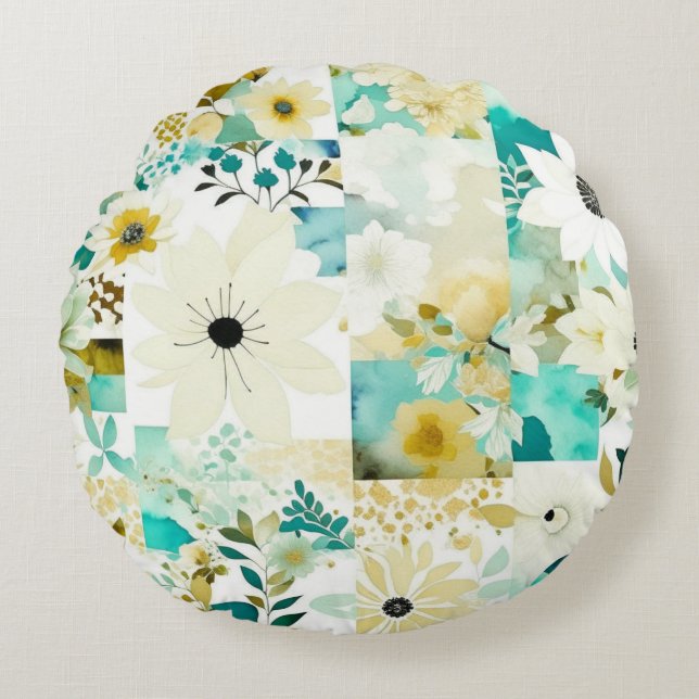 Pretty Folk Art White and Turquoise Flowers   Round Pillow (Front)