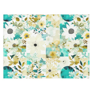 Pretty Folk Art White and Turquoise Flowers Tablecloth