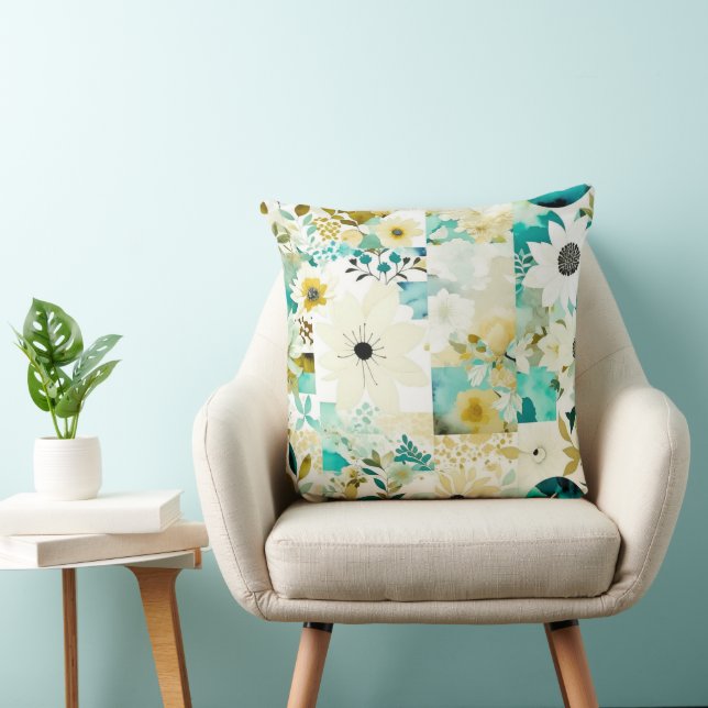Pretty Folk Art White and Turquoise Flowers   Throw Pillow (Chair)