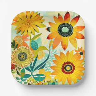Pretty Folk Art Yellow Flowers Paper Plate