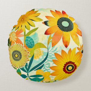 Pretty Folk Art Yellow Flowers Round Pillow