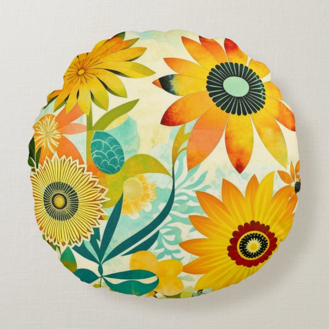 Pretty Folk Art Yellow Flowers   Round Pillow (Front)
