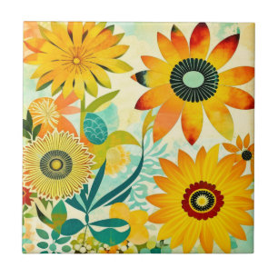 Pretty Folk Art Yellow Flowers Tile