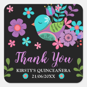 Pretty Folksy Flowers & Bird Quinceañera Square Sticker