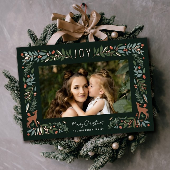 Pretty Frame Little Deer | Green Photo Christmas   Foil Holiday Card (Creator Uploaded)