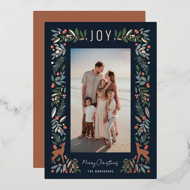 Pretty Frame Little Deer | Navy | Vertical Photo Foil Holiday Card (Front/Back)