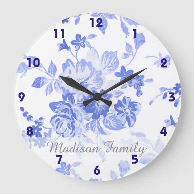 pretty french blue delft look blue white floral large clock (Front)