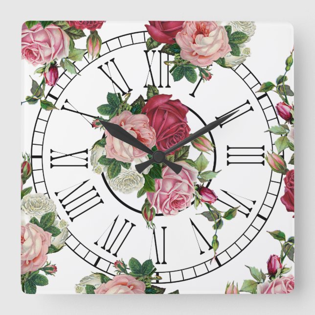 Pretty French Country Floral Square Wall Clock (Front)