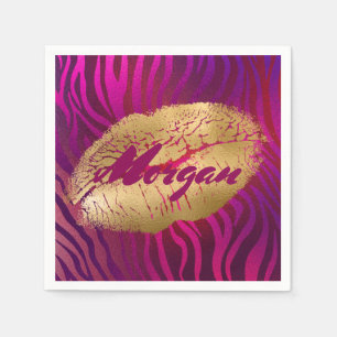 Pretty Fuchsia Tiger Stripes Gold Lipstick Print Napkin