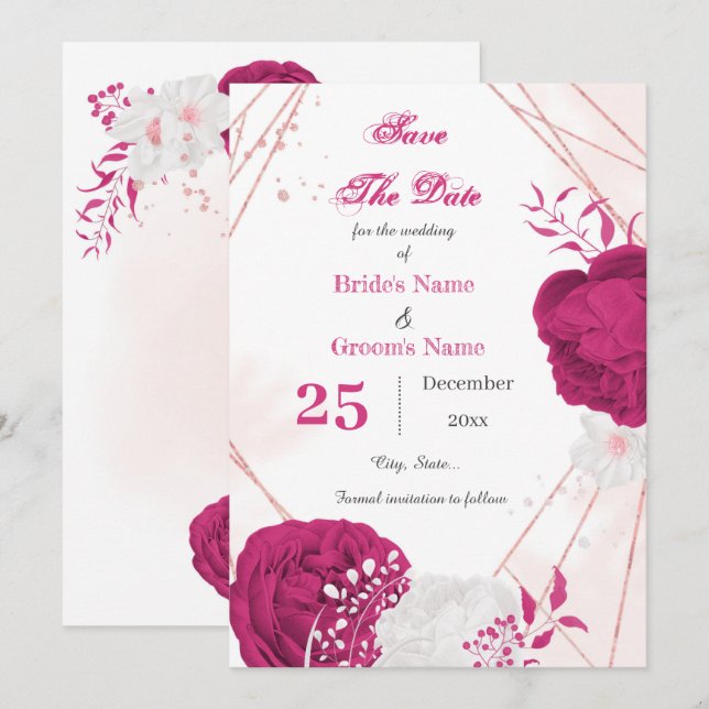 pretty fuchsia & white floral geometric  save the date (Front/Back)