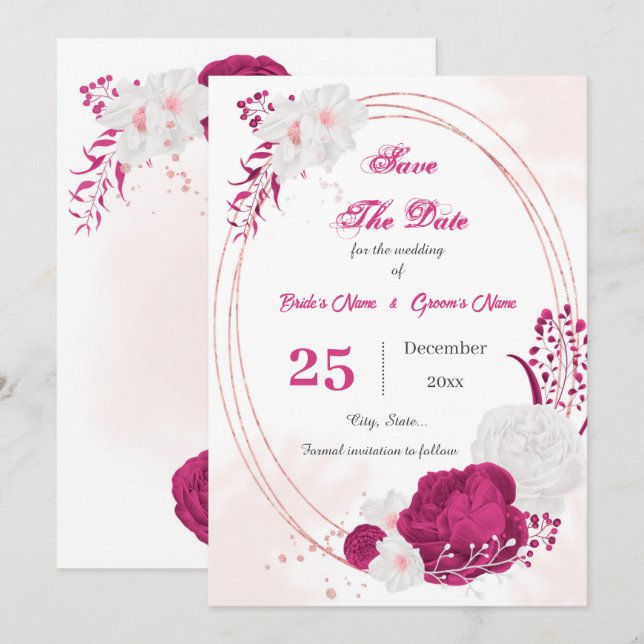 pretty fuchsia & white floral geometric save the date (Front/Back)