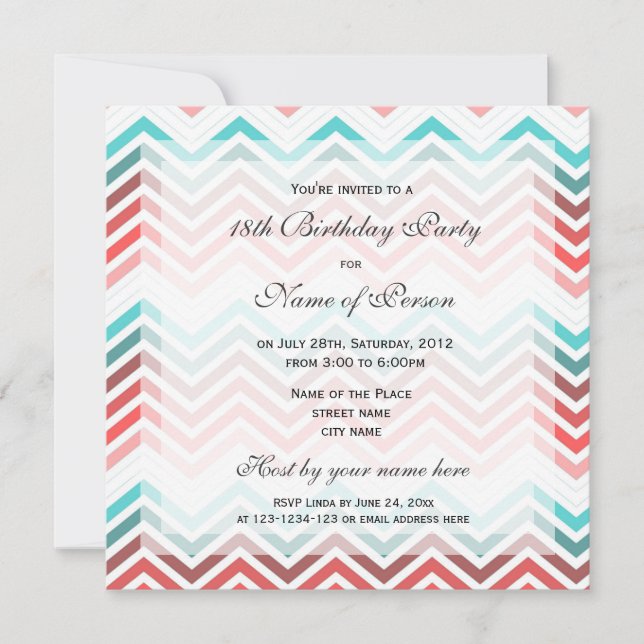 Pretty, fun, happy colourful chevron birthday invitation (Front)
