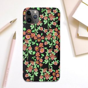 Pretty Garden Flowers Coral Red Green on Black  iPhone 11 Pro Max Case