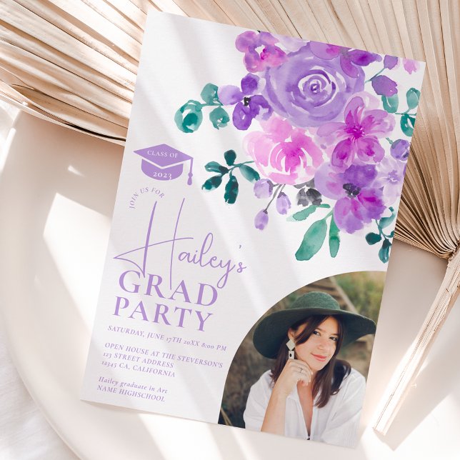 Pretty garden purple green floral graduation invitation (Creator Uploaded)