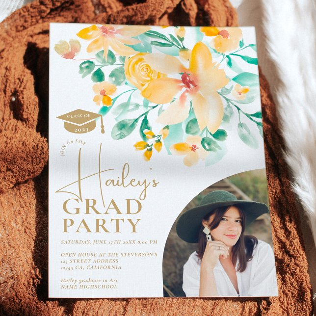 Pretty garden yellow green floral graduation invitation (Creator Uploaded)