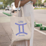 Pretty Gemini Astrology Sign Custom Birthday Tote Bag<br><div class="desc">This pretty purple and lavender Gemini tote bag features your astrological sign from the Zodiac in a beautiful sparkle like the constellations. Customize this cute astrology symbol gift with your name in cursive script for someone with a late May or early June birthday.</div>