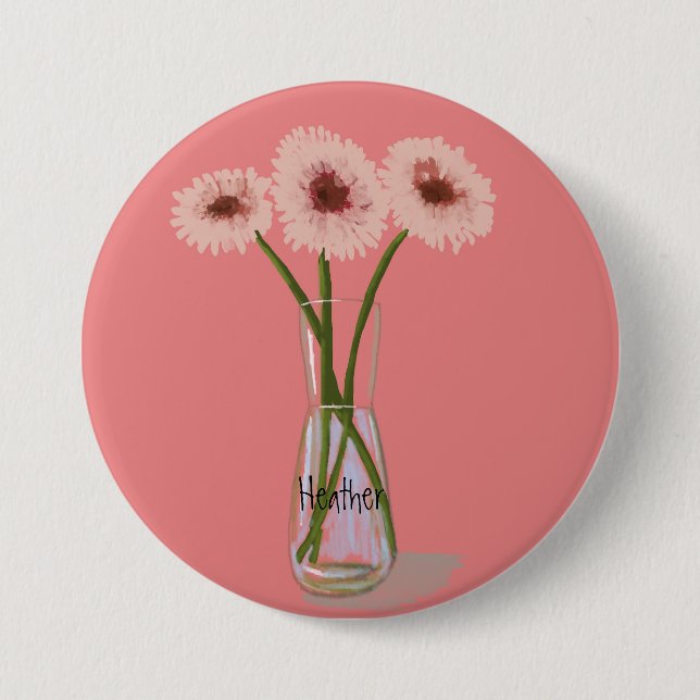 Pretty Gerbera Pastel Flower  +Custom Name 3 Inch Round Button (Front)
