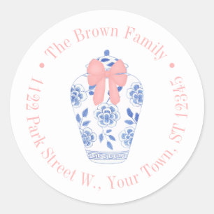 Pretty Ginger Jar With Pink Ribbon Return Address Classic Round Sticker