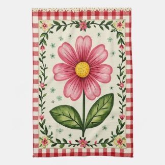 Pretty Gingham Floral Tea Towel. Kitchen Towel