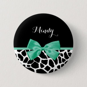 Pretty Giraffe Print Mint Green Bow With Name 2 Inch Round Button