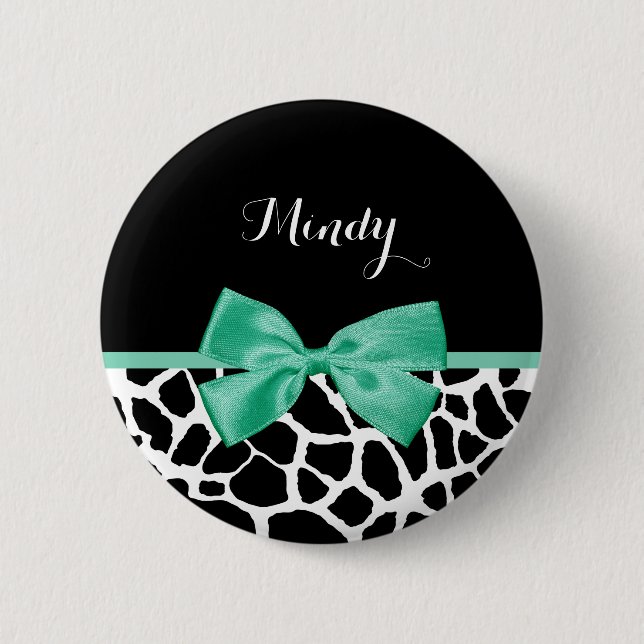Pretty Giraffe Print Mint Green Bow With Name 2 Inch Round Button (Front)