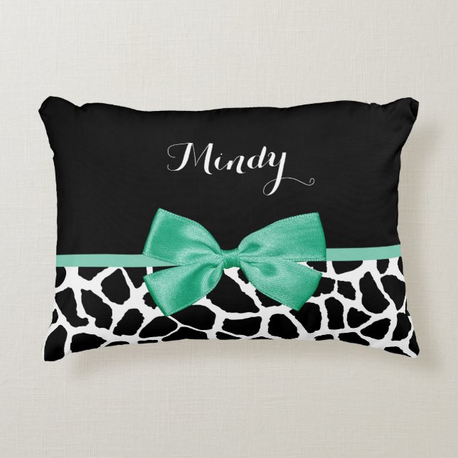Pretty Giraffe Print Mint Green Bow With Name Decorative Pillow (Front)