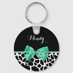 Pretty Giraffe Print Mint Green Bow With Name Keychain