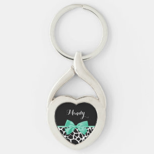 Pretty Giraffe Print Mint Green Bow With Name Keychain