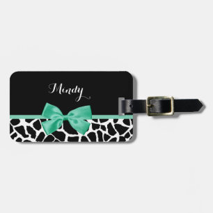 Pretty Giraffe Print Mint Green Bow With Name Luggage Tag