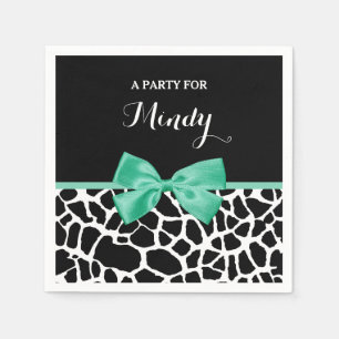 Pretty Giraffe Print Mint Green Bow With Name Napkin
