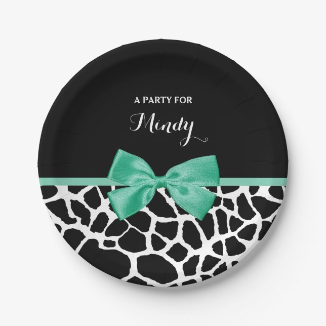 Pretty Giraffe Print Mint Green Bow With Name Paper Plate (Front)
