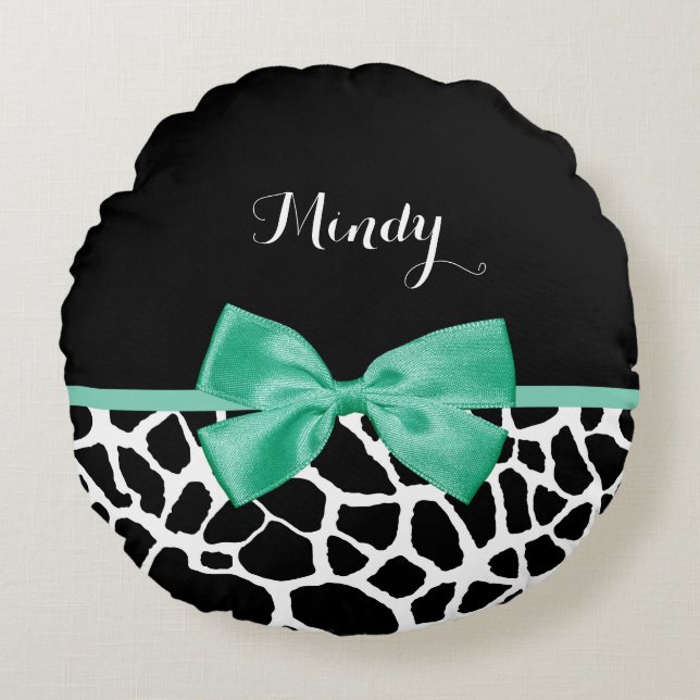 Pretty Giraffe Print Mint Green Bow With Name Round Pillow (Front)