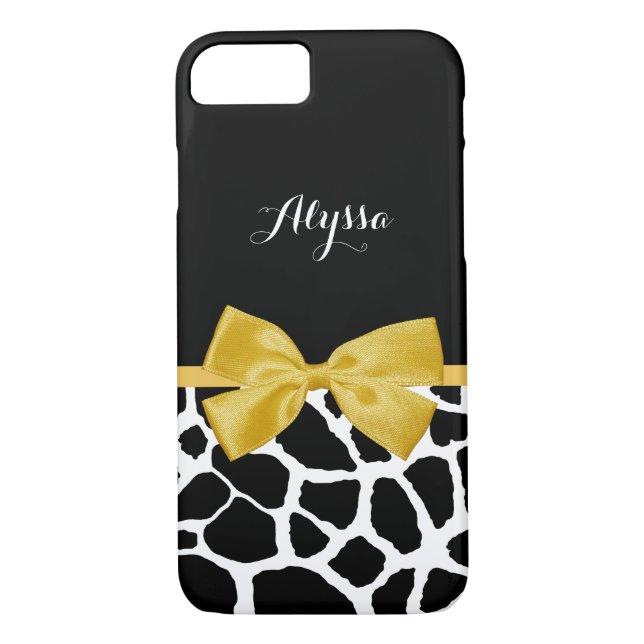 Pretty Giraffe Print With Name Bright Yellow Bow Case-Mate iPhone Case (Back)
