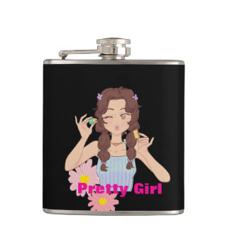 Pretty Girl Aesthetic | Cute Makeup Illustration Hip Flask