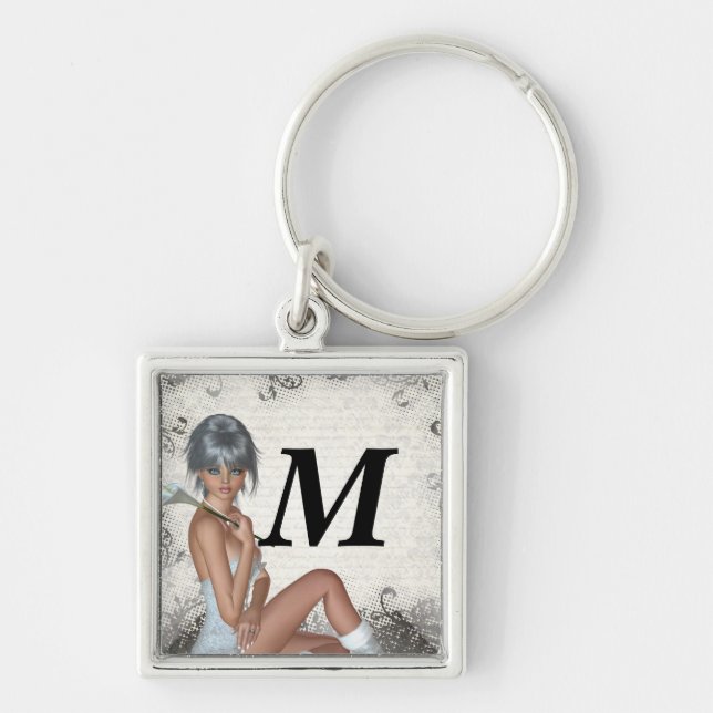 Pretty girl  and silver damask keychain (Front)