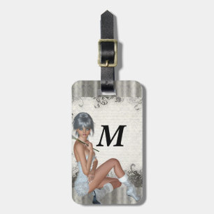 Pretty girl and silver damask luggage tag