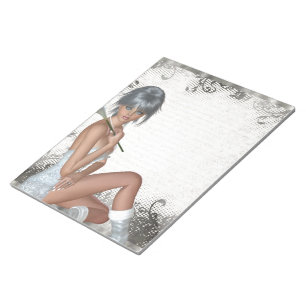 Pretty girl and silver damask notepad