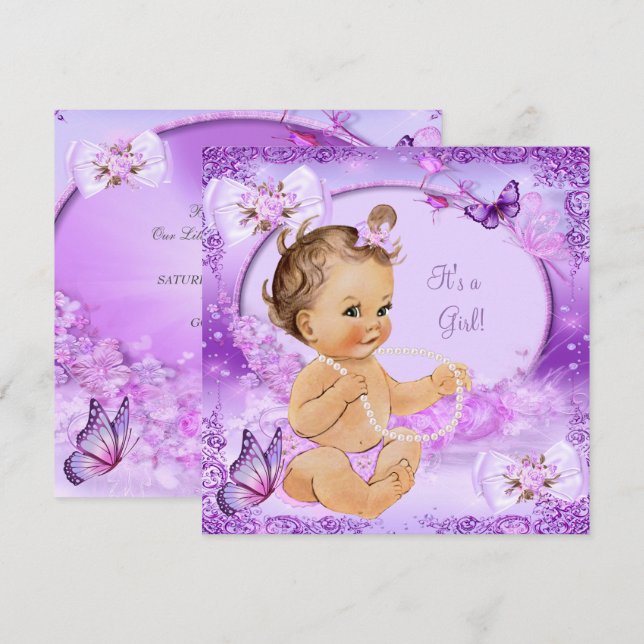 Pretty Girl Baby Shower Purple Butterfly Brunette Invitation (Front/Back)
