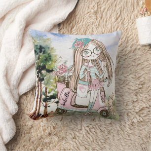 Pretty Girl Boss on Scooter Personalized Name Throw Pillow