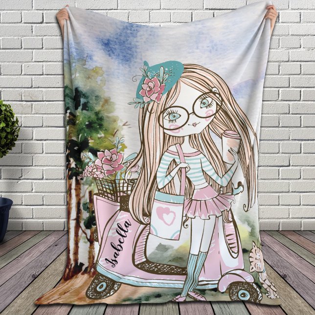 Pretty Girl Doodle Scooter Personalized Name Fleece Blanket (Creator Uploaded)