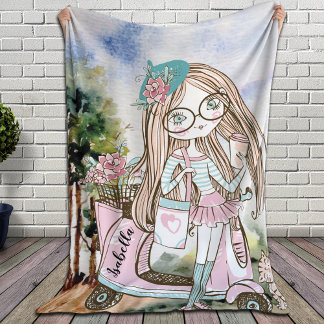 Pretty Girl Doodle Scooter Personalized Name Sherpa Blanket