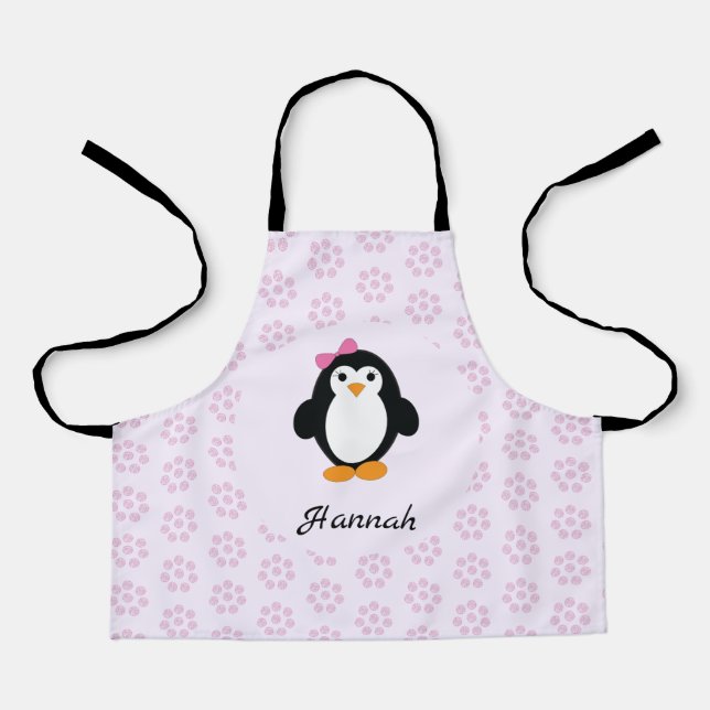 Pretty Girl Penguin with Pink Daisy background Apron (Front)