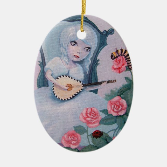 Pretty girl plays fairy music ceramic ornament (Front)