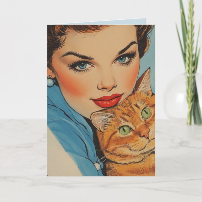 PRETTY GIRL WITH CAT BIRTHDAY RETRO GREETING CARD (Front)