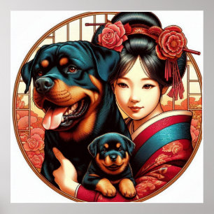 Pretty Girl With Rottweiler Mom & Pup Poster