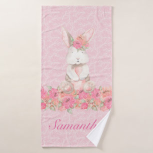 Pretty Girls Pink Floral Woodland Bunny Bath Towel