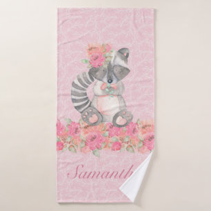 Pretty Girls Pink Floral Woodland Raccoon Bath Towel