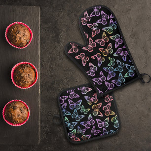 Pretty Girly Black Butterfly Pattern Iridescent Oven Mitt & Pot Holder Set